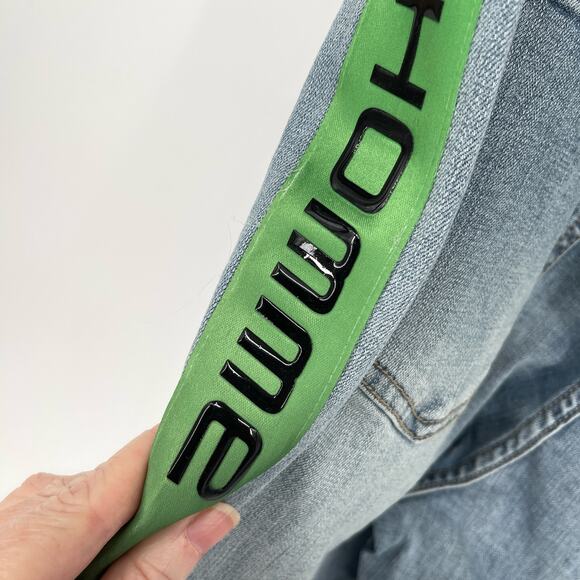 Homme + Femme NEW Tesla Skinny Blue Jeans Sz 38 Green Pink Gradient Logo Ribbon - Picture 6 of 10